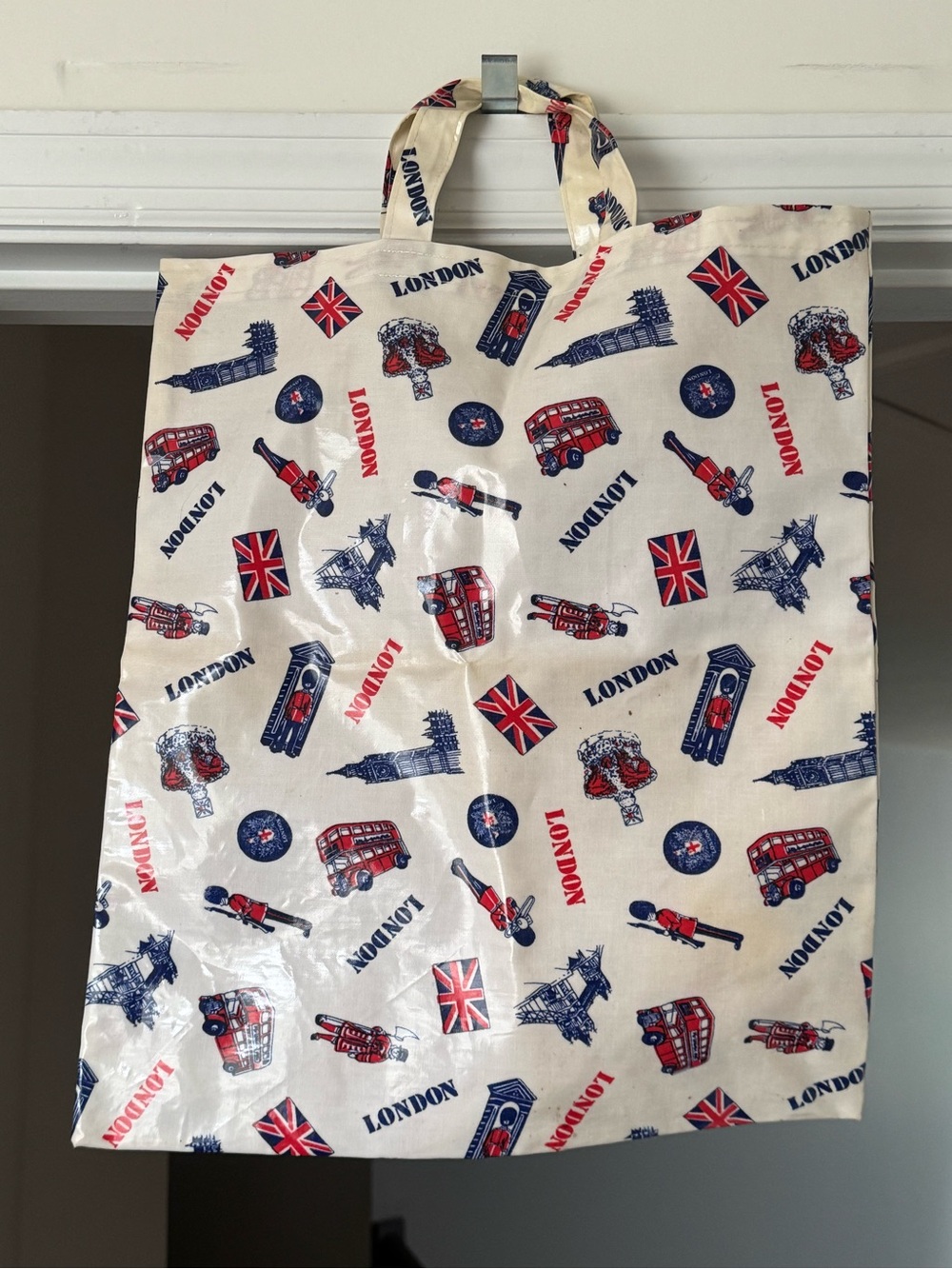 London Themed Vinyl Tote Bag in Red, Blue & White